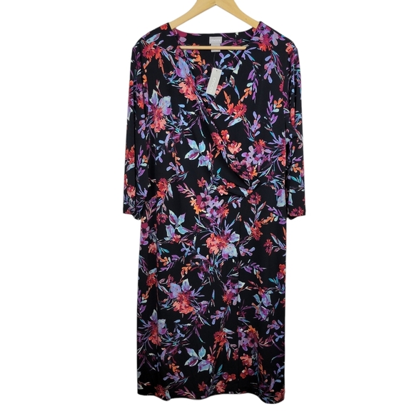 Chico’s Floral Print Faux Wrap Dress Size 12/14. Stretch Jersey Knit Multi-Color - Picture 2 of 9